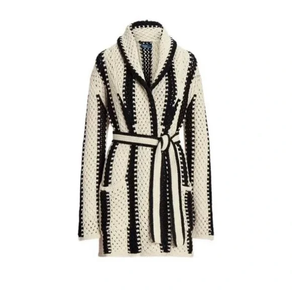 Ralph Lauren Geo Stripe Linen Cotton Crochet Shawl Cardigan Sweater XL NWT - Picture 2 of 5